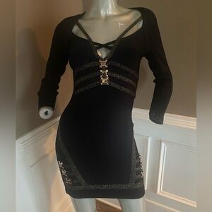 Marciano Black bodycon Dress with Metallic and buckle Accents. Size Small
